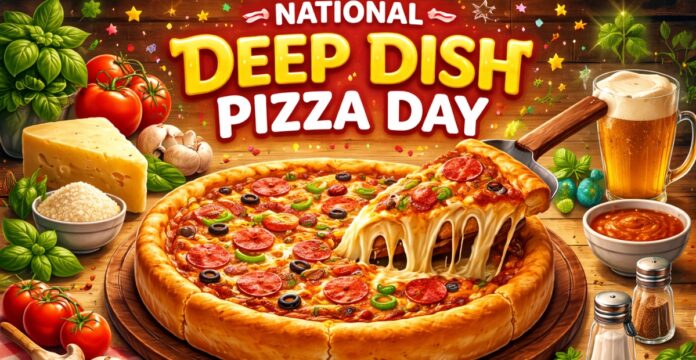 National Deep Dish Pizza Day banner featuring a large deep-dish pizza topped with pepperoni, olives, and vegetables, with cheese pulling from one slice, alongside bowls of sauce and spices. National Deep Dish Pizza Day