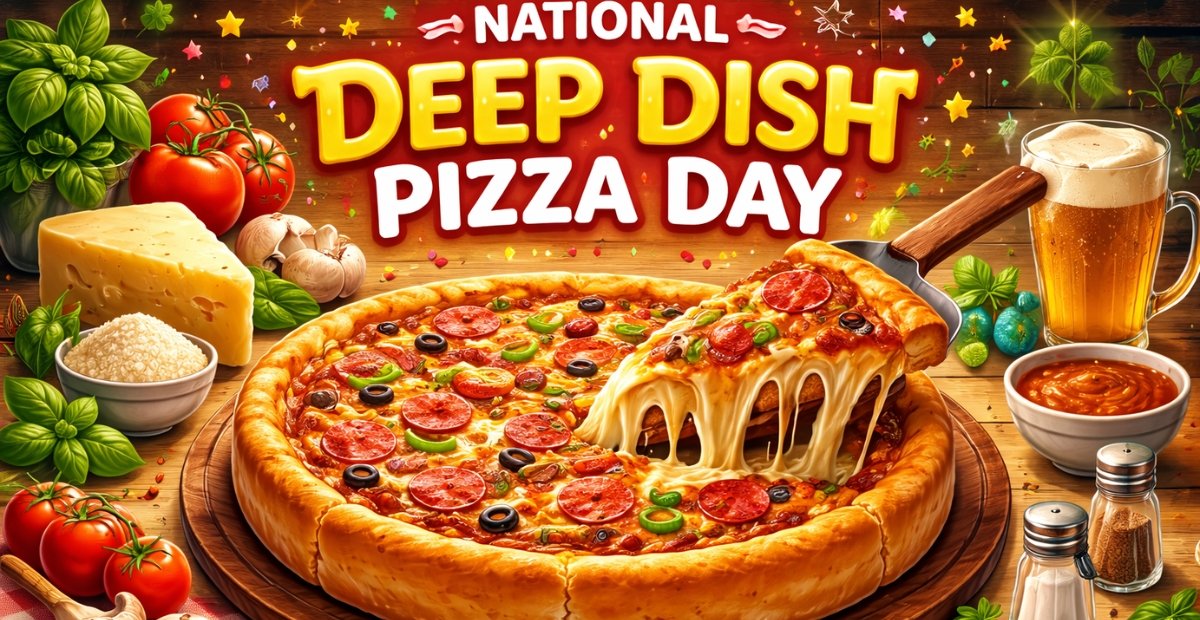 National Deep Dish Pizza Day 2026: Facts & How to Celebrate National Deep Dish Pizza Day banner featuring a large deep-dish pizza topped with pepperoni, olives, and vegetables, with cheese pulling from one slice, alongside bowls of sauce and spices. National Deep Dish Pizza Day