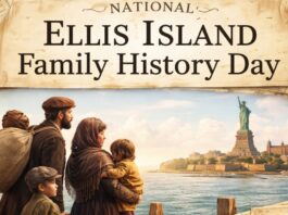 National Ellis Island Family History Day banner illustration featuring a warm, vintage collage style. A large header at the top reads “NATIONAL ELLIS ISLAND” with “Family History Day” below, while a family stands in the foreground holding a child and looking toward a view of the Statue of Liberty across the water.