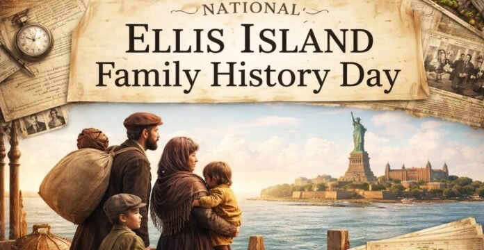 National Ellis Island Family History Day banner illustration featuring a warm, vintage collage style. A large header at the top reads “NATIONAL ELLIS ISLAND” with “Family History Day” below, while a family stands in the foreground holding a child and looking toward a view of the Statue of Liberty across the water.