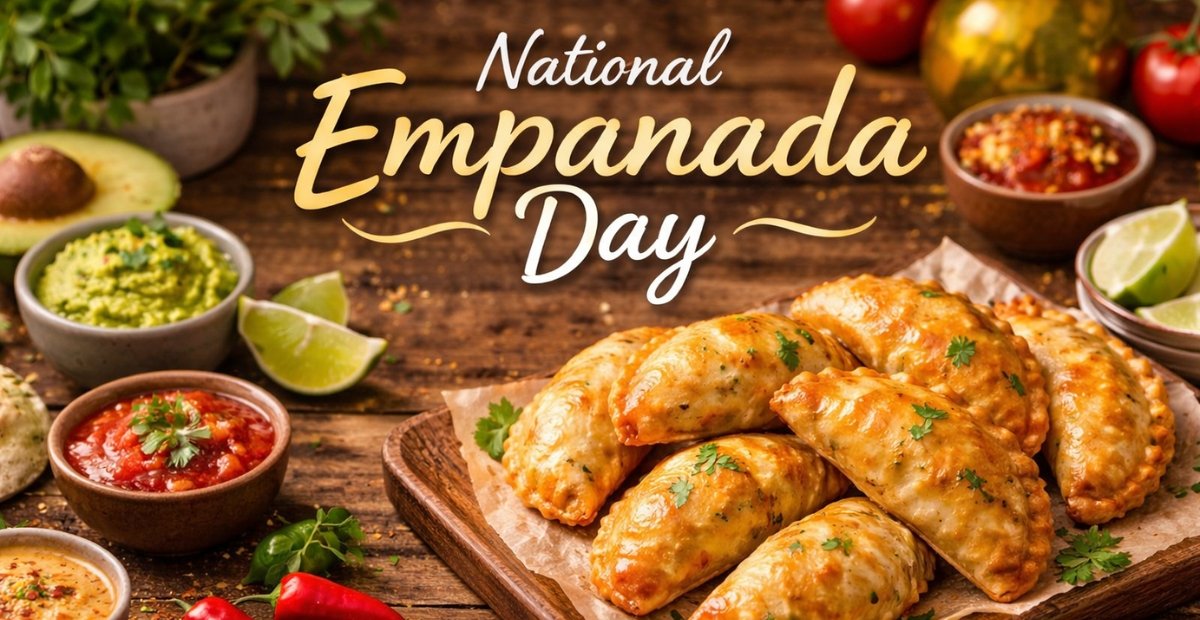 Celebrate National Empanada Day with Delicious Recipes Delicious empanadas on a rustic wooden table with savory fillings like beef, cheese, and vegetables National Empanada Day
