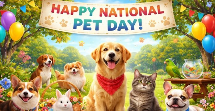 Happy National Pet Day illustration featuring a dog, cat, rabbit, and parrot in a cozy, sunlit home celebrating love and companionship. National Pet Day