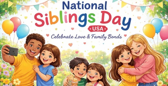 National Siblings Day banner with a colorful background of balloons, confetti hearts, and a garden scene, showing a diverse group of siblings taking a happy selfie and hugging, with the text “National Siblings Day USA” and the tagline “Celebrate Love & Family Bonds. National Siblings Day