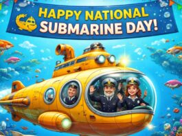 Modern submarine cruising underwater in deep blue ocean with sun rays filtering through the surface, symbolizing National Submarine Day (USA) and naval innovation. National Submarine Day