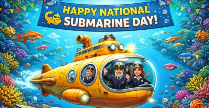 Modern submarine cruising underwater in deep blue ocean with sun rays filtering through the surface, symbolizing National Submarine Day (USA) and naval innovation. National Submarine Day