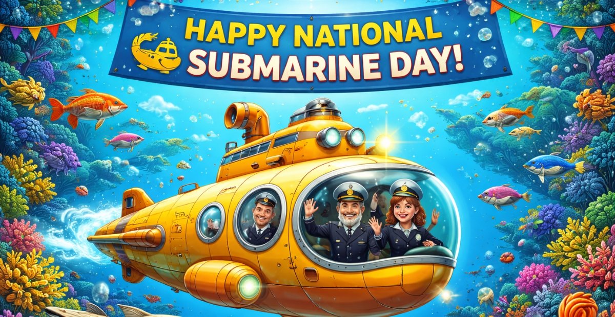 National Submarine Day (USA): Facts & Celebration Guide Modern submarine cruising underwater in deep blue ocean with sun rays filtering through the surface, symbolizing National Submarine Day (USA) and naval innovation. National Submarine Day