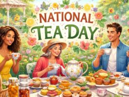 Illustration of people having tea at a garden party with a table of cookies and teacups, set behind a “NATIONAL TEA DAY” sign. National Tea Day