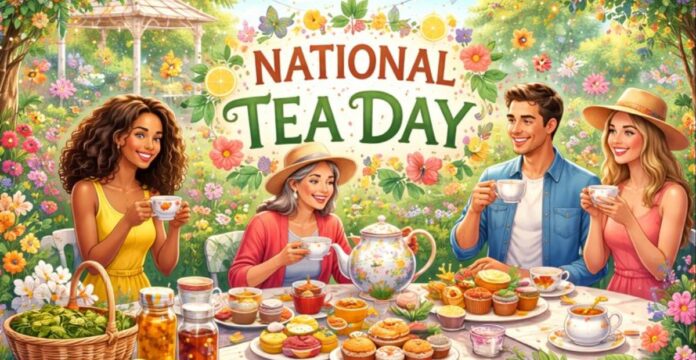 Illustration of people having tea at a garden party with a table of cookies and teacups, set behind a “NATIONAL TEA DAY” sign. National Tea Day
