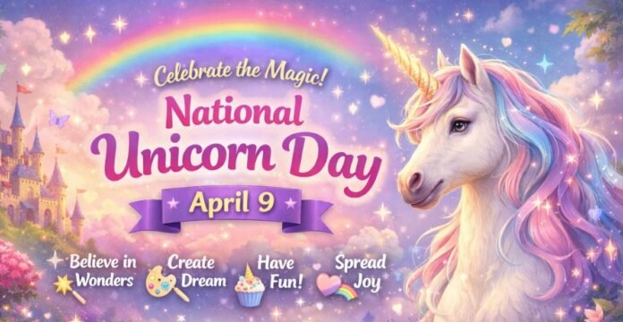 “National Unicorn Day banner with a colorful unicorn on the right side, rainbow sparkles and stars in the sky, a large title reading ‘National Unicorn Day,’ a ribbon that says ‘April 9,’ and decorative text beneath reading ‘Believe in Wonders,’ ‘Create Dream,’ ‘Have Fun,’ and ‘Spread Joy. National Unicorn Day