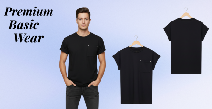 Black cap-sleeve t-shirt displayed on a male model and as folded/boxed items against a light blue background, labeled “Premium Basic Wear.”