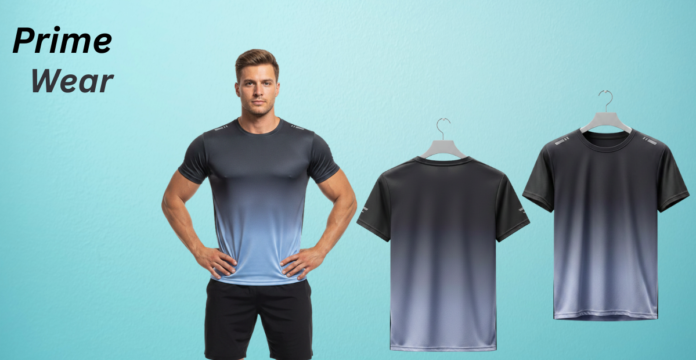 Prime sports t-shirt mockup on a model with two hanging shirts, featuring breathable, moisture-wicking activewear styling.
