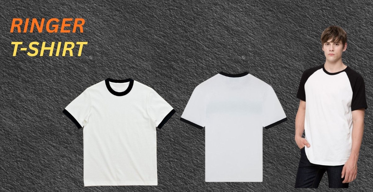 Classic Cool: Ringer T-Shirts That Never Go Out of Style Ringer T-shirt banner with a classic cool style showing front-and-back shirt designs and a model wearing the raglan-style ringer tee.