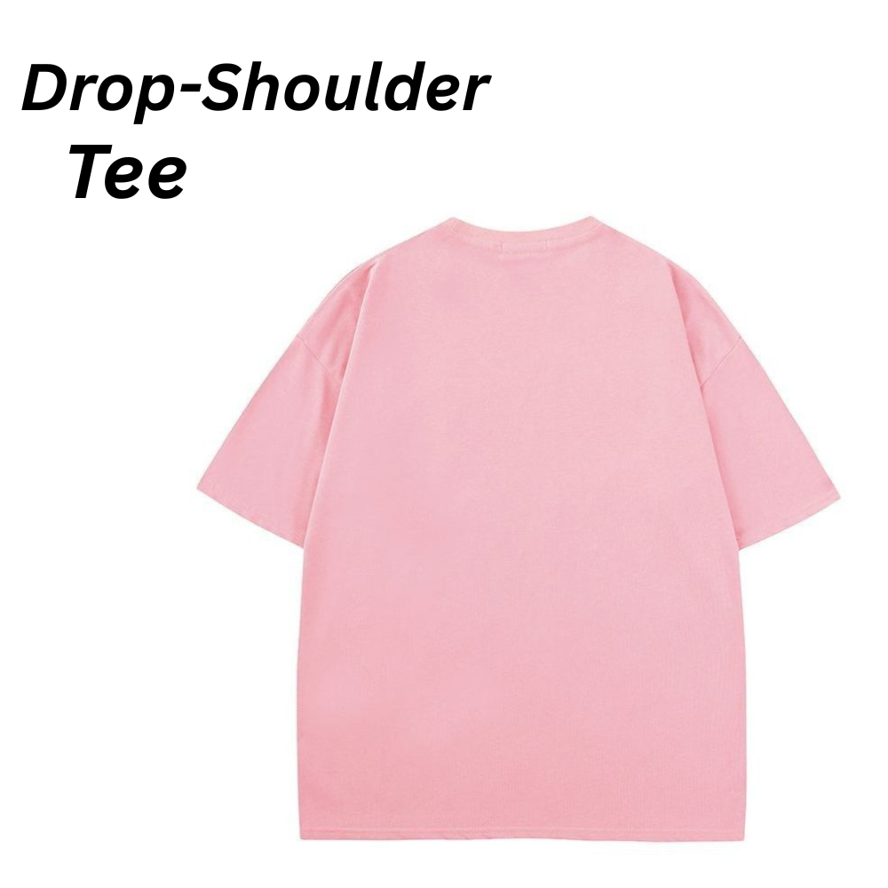 Modern Drop Shoulder Tee – Minimal Streetwear Look 16 Minimal streetwear drop-shoulder t-shirt in a pink color, shown flat on a clean white background.