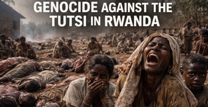 A somber banner showing survivors of the Rwandan genocide in a devastated field with bodies lying in the background and smoke rising, while a woman in the foreground covers her face in distress; large white text reads “GENOCIDE AGAINST THE TUTSI IN RWANDA” at the top. Genocide