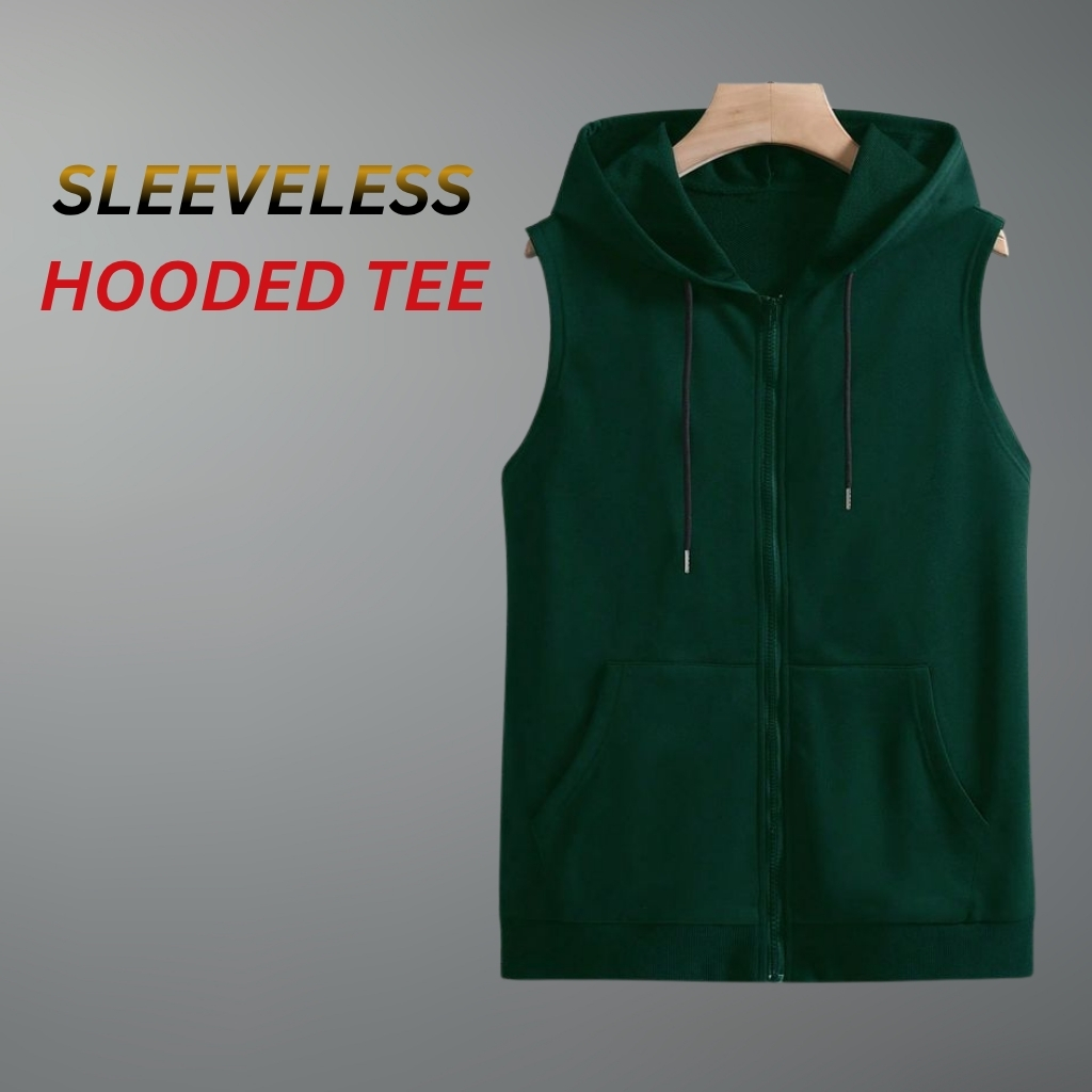 Gym & Street Hooded Sleeveless Tee: The Perfect Blend of Performance and Urban Style 12 Men’s green sleeveless hooded zip-up tee with front zipper and kangaroo pocket.