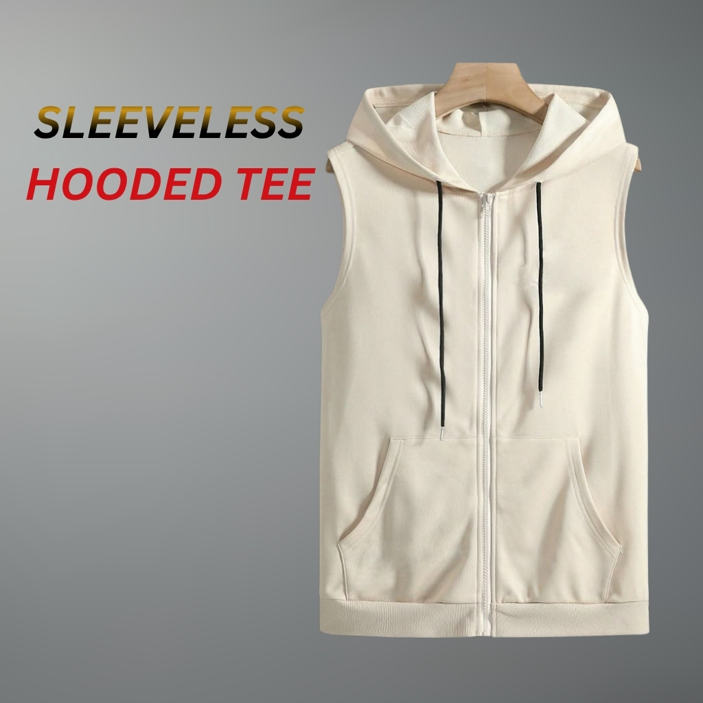Gym & Street Hooded Sleeveless Tee: The Perfect Blend of Performance and Urban Style 11 Men’s white sleeveless zip-up hooded gym vest with drawstring details and two front pockets.