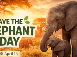 Save the Elephant Day awareness banner with a large elephant on the right and a smaller calf beside it, with a herd of elephants in the background. The left side shows the headline text “SAVE THE ELEPHANT DAY” with a leaf icon and the date “April 16” on a white label, set against a warm sunrise landscape.