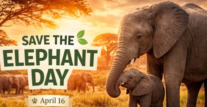 Save the Elephant Day awareness banner with a large elephant on the right and a smaller calf beside it, with a herd of elephants in the background. The left side shows the headline text “SAVE THE ELEPHANT DAY” with a leaf icon and the date “April 16” on a white label, set against a warm sunrise landscape.