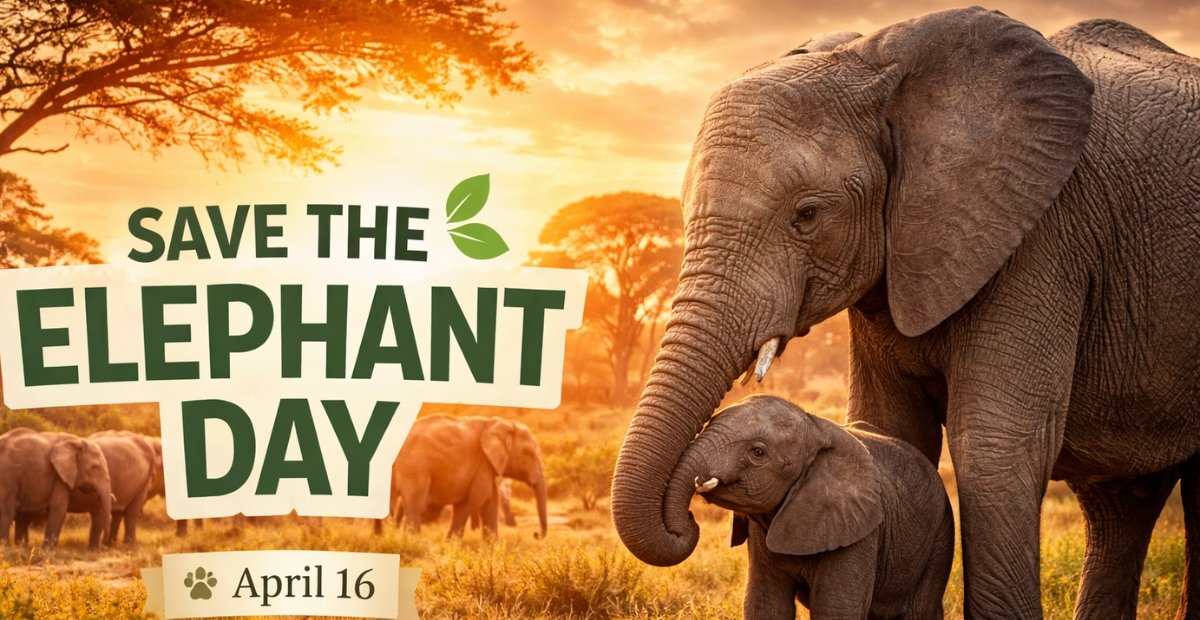 Save the Elephant Day – Importance, History & Ways to Help Save the Elephant Day awareness banner with a large elephant on the right and a smaller calf beside it, with a herd of elephants in the background. The left side shows the headline text “SAVE THE ELEPHANT DAY” with a leaf icon and the date “April 16” on a white label, set against a warm sunrise landscape.