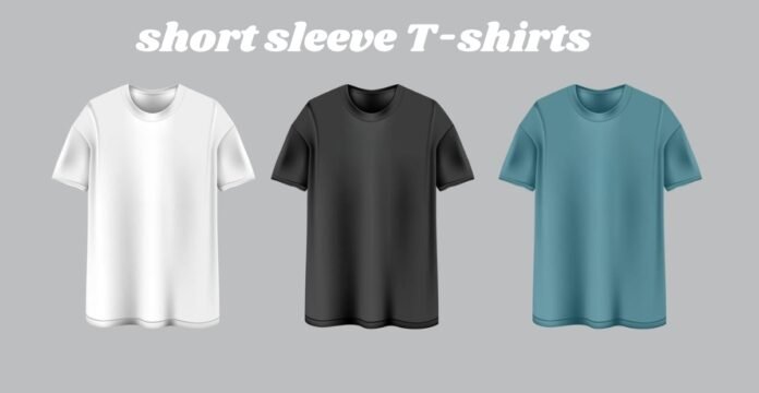 Short sleeve T-shirts in white, black, and teal displayed on a gray background.