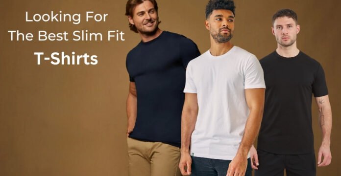 Slim fit T-shirts for men shown in three colors—navy, white, and black—with a model standing in each color.