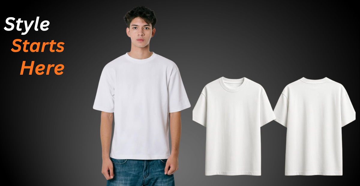 Modern Drop Shoulder Tee – Minimal Streetwear Look Modern drop-shoulder tee styled in a minimal streetwear look, featuring a model wearing a clean white T-shirt with two product variations shown.