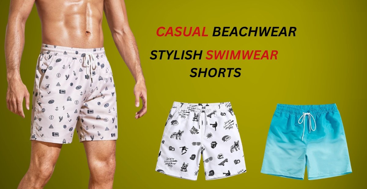 Casual Beachwear Essentials: Stylish Swim Shorts Men’s casual swimwear shorts shown in two designs: white patterned shorts and blue solid shorts, displayed against a green background with promotional text