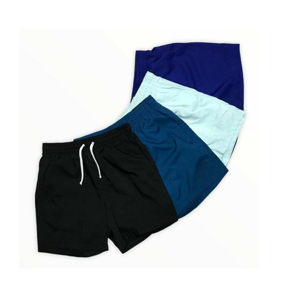Casual Beachwear Essentials: Stylish Swim Shorts 14 Set of solid swimwear shorts in black, navy, light blue, and royal blue with elastic waistband and white drawstring.