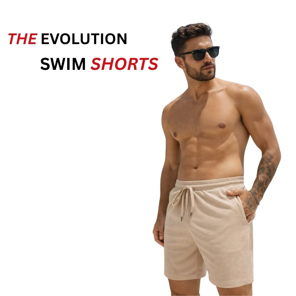 Casual Beachwear Essentials: Stylish Swim Shorts 9 The Evolution swim shorts on a model wearing a beige drawstring swim short.
