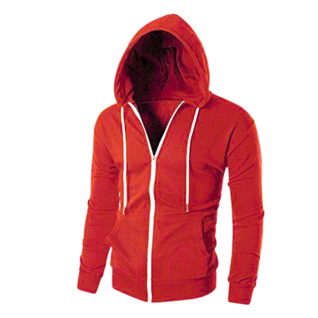 : Slim fit zip-up gym hoodie in red with a hood, white drawstrings, and zip front.