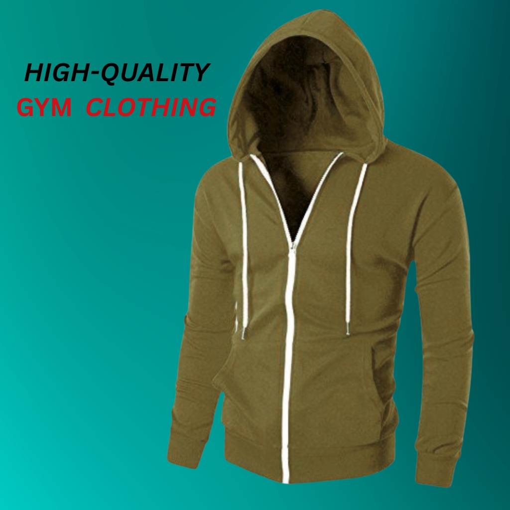 Slim fit zip-up gym hoodie in olive green with a hood, white drawstrings, and full-zip front.