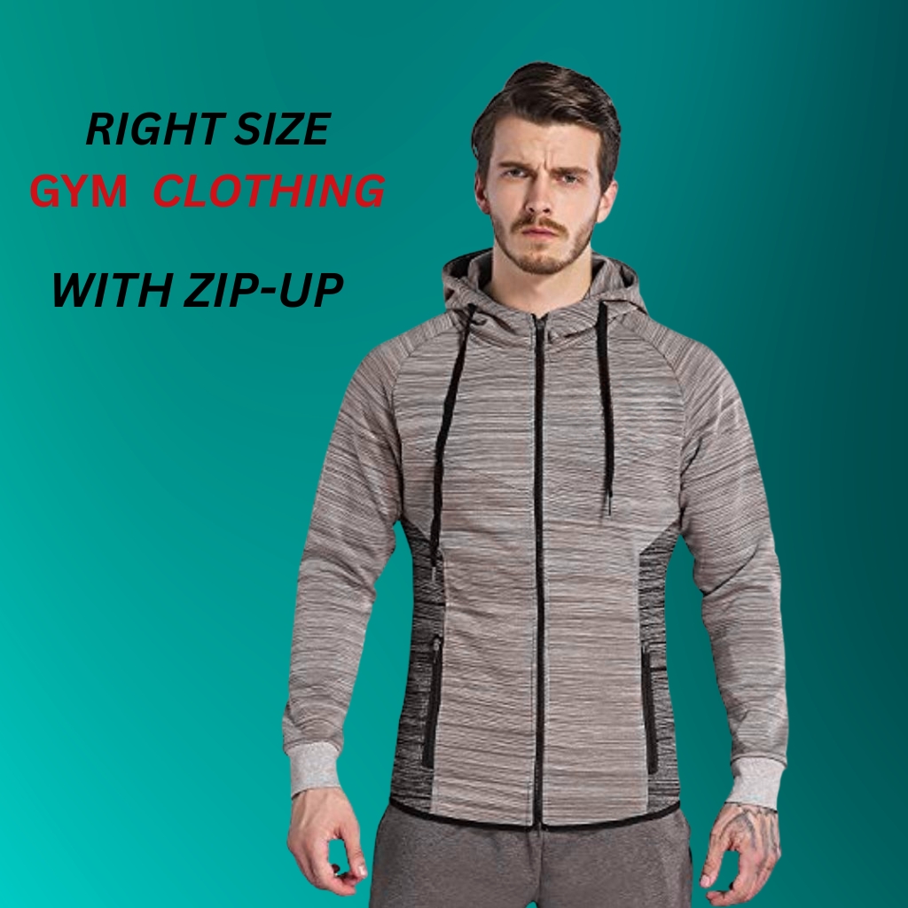 Slim fit zip-up gym hoodie on a teal background with a hood and drawstring, shown on a model in a fitted silhouette.