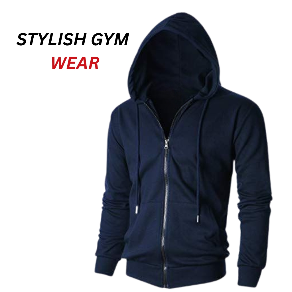  Slim fit zip-up gym hoodie in navy on a clean background, featuring a hood with drawstrings and a full-zip front.