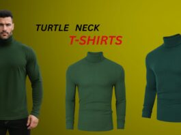 Green turtle neck t-shirts shown in three views: a model wearing one, plus front and back/side garment views on a yellow background.