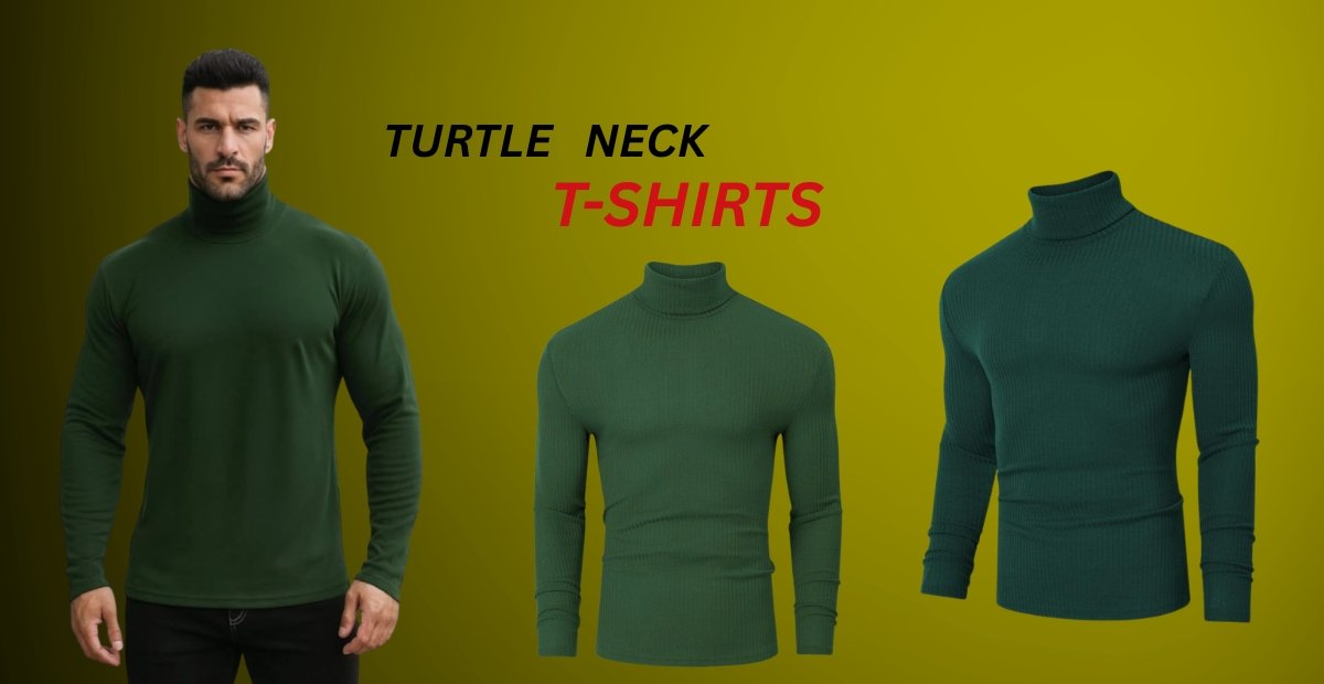 Turtle T-Shirts – Modern Minimal Style with Timeless Appeal Green turtle neck t-shirts shown in three views: a model wearing one, plus front and back/side garment views on a yellow background.