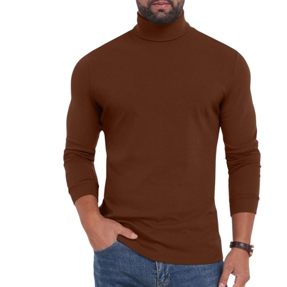 Turtle T-Shirts – Modern Minimal Style with Timeless Appeal 11 Men’s ribbed turtleneck long-sleeve T-shirt in rust brown, snug fitted silhouette and high neck detail.