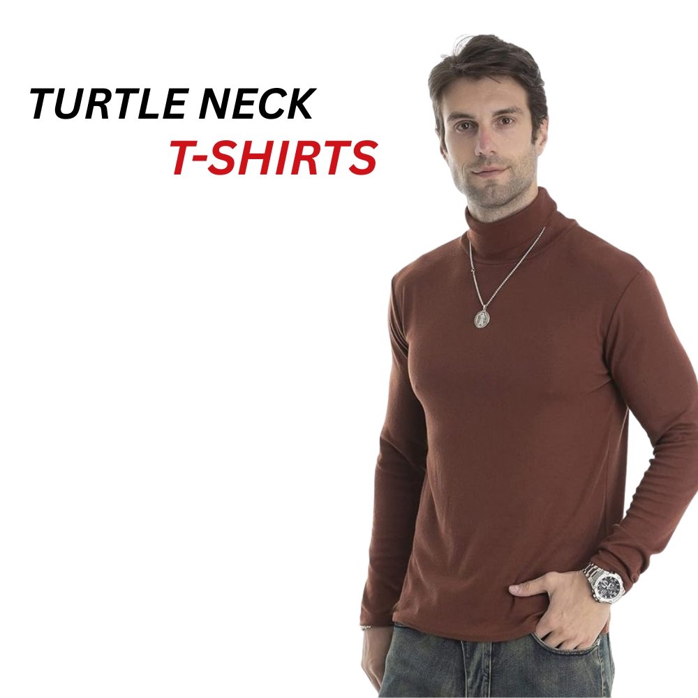 Turtle T-Shirts – Modern Minimal Style with Timeless Appeal 9 Turtle turtleneck long-sleeve T-shirt in a rich brown color, shown on a model.