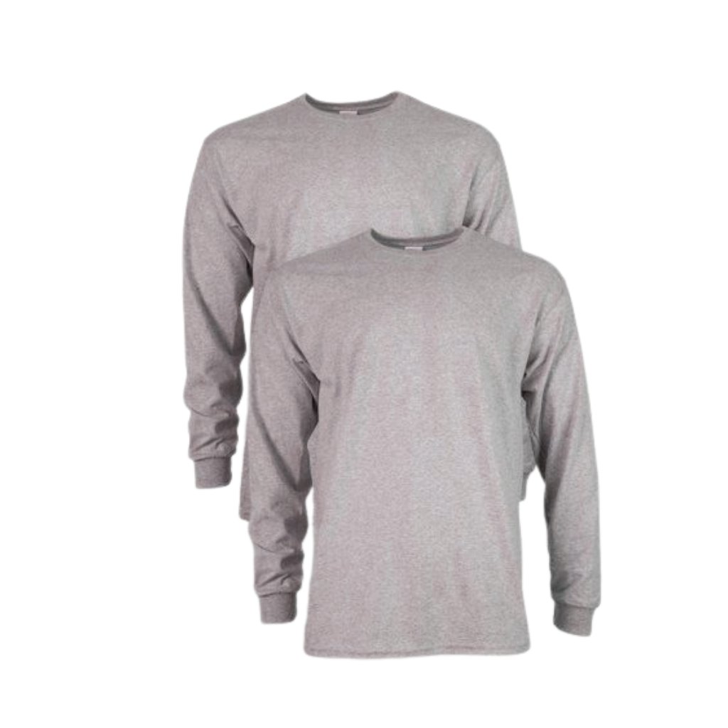 Two-pack of premium quality long-sleeve heather gray shirts, shown front view on a white background.

