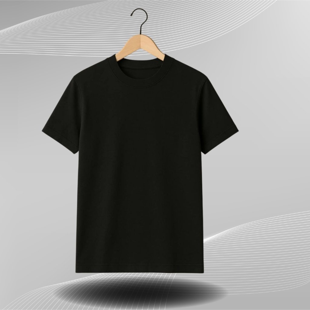 Black t-shirt hanging on a wooden hanger, displayed on a clean light background.

