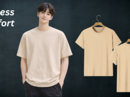 Korean Style Tee – Trendy Oversized K-Fashion Streetwear T-Shirt Korean style oversized streetwear T-shirt featuring a model in a light cream tee with matching front and back shirt views on a dark background.