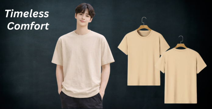 Korean style oversized streetwear T-shirt featuring a model in a light cream tee with matching front and back shirt views on a dark background.