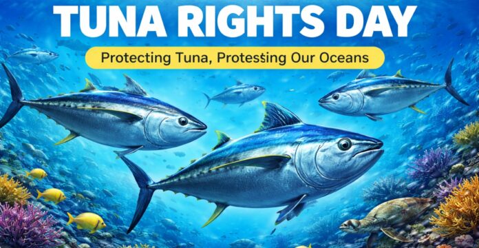 Colorful underwater illustration featuring several fast-swimming tuna fish with a bold “TUNA RIGHTS DAY” headline and the slogan “Protecting Tuna, Protesting Our Oceans” above coral reefs and sea life.