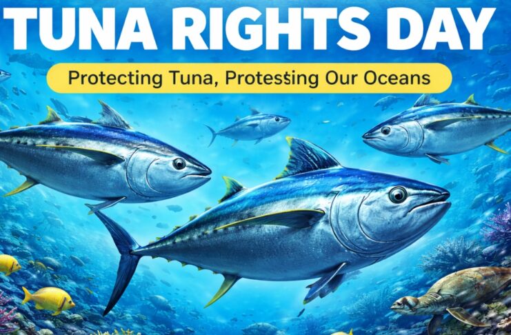 Colorful underwater illustration featuring several fast-swimming tuna fish with a bold “TUNA RIGHTS DAY” headline and the slogan “Protecting Tuna, Protesting Our Oceans” above coral reefs and sea life.