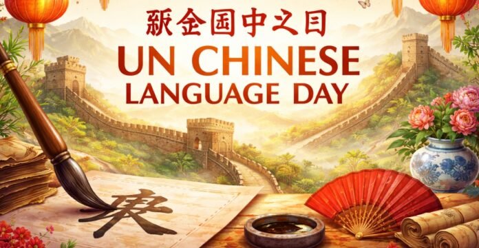 Promotional banner for Un Chinese Language Day featuring Chinese characters, the Great Wall, traditional calligraphy with a brush, a cup of tea, red lanterns, and a red folding fan with flowers and a vase.