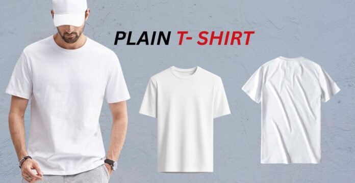 Plain white T-shirt shown on a model and in standalone views against a textured blue background.