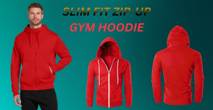 Slim fit zip-up gym hoodie in red with hood, displayed front view.