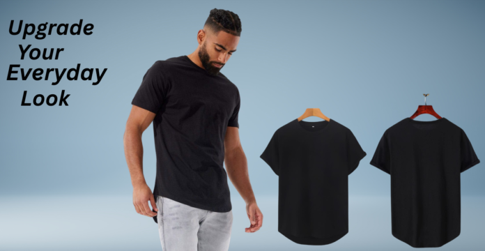 Model wearing a black casual drop cut tee on a blue promotional background with two shirt views.