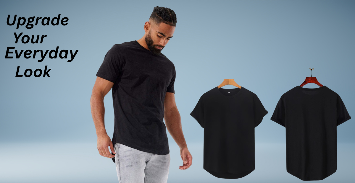 Casual Drop Cut Tee – Lightweight & Stylish Everyday Wear Model wearing a black casual drop cut tee on a blue promotional background with two shirt views.