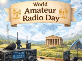 World Amateur Radio Day banner with an illustrated globe backdrop, mountains and sky, a radio set in the foreground, and the “World Amateur Radio Day” headline above a scenic landscape with a tent and tall radio towers.