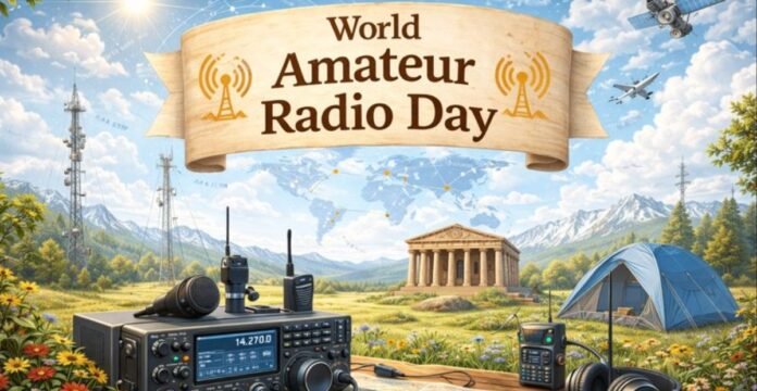 World Amateur Radio Day banner with an illustrated globe backdrop, mountains and sky, a radio set in the foreground, and the “World Amateur Radio Day” headline above a scenic landscape with a tent and tall radio towers.